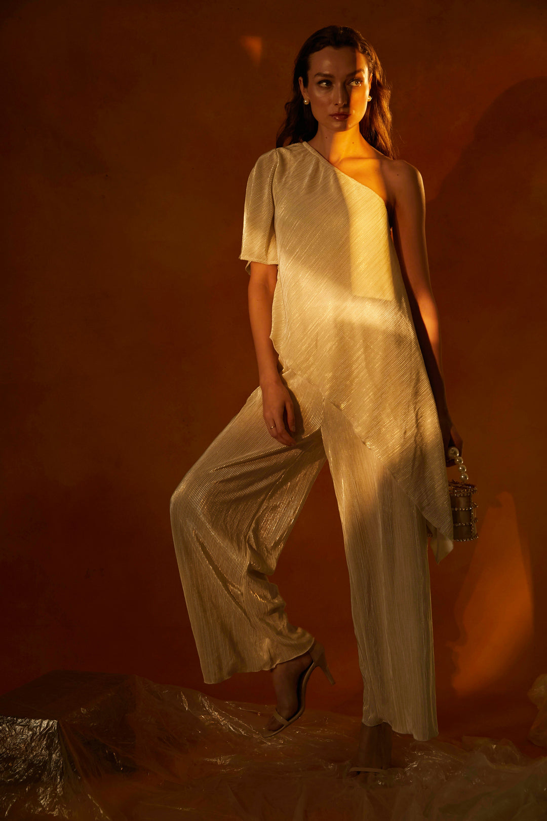 Pleated Off Shoulder With Flared Pleated Pant Online