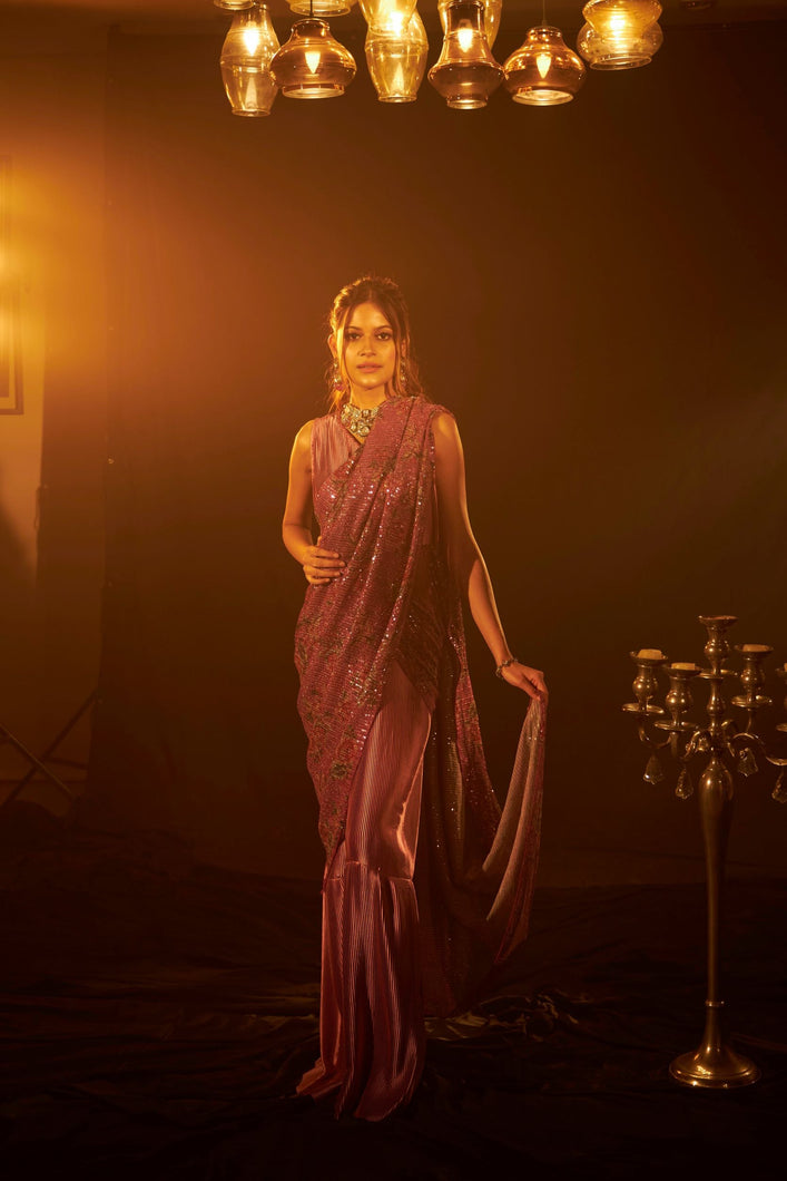 Flavina Adorned Gown Saree With Sequence Palla - Rose