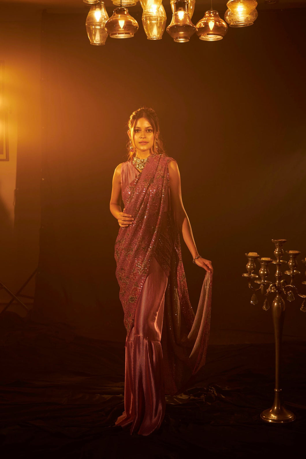 Flavina Adorned Gown Saree With Sequence Palla - Rose
