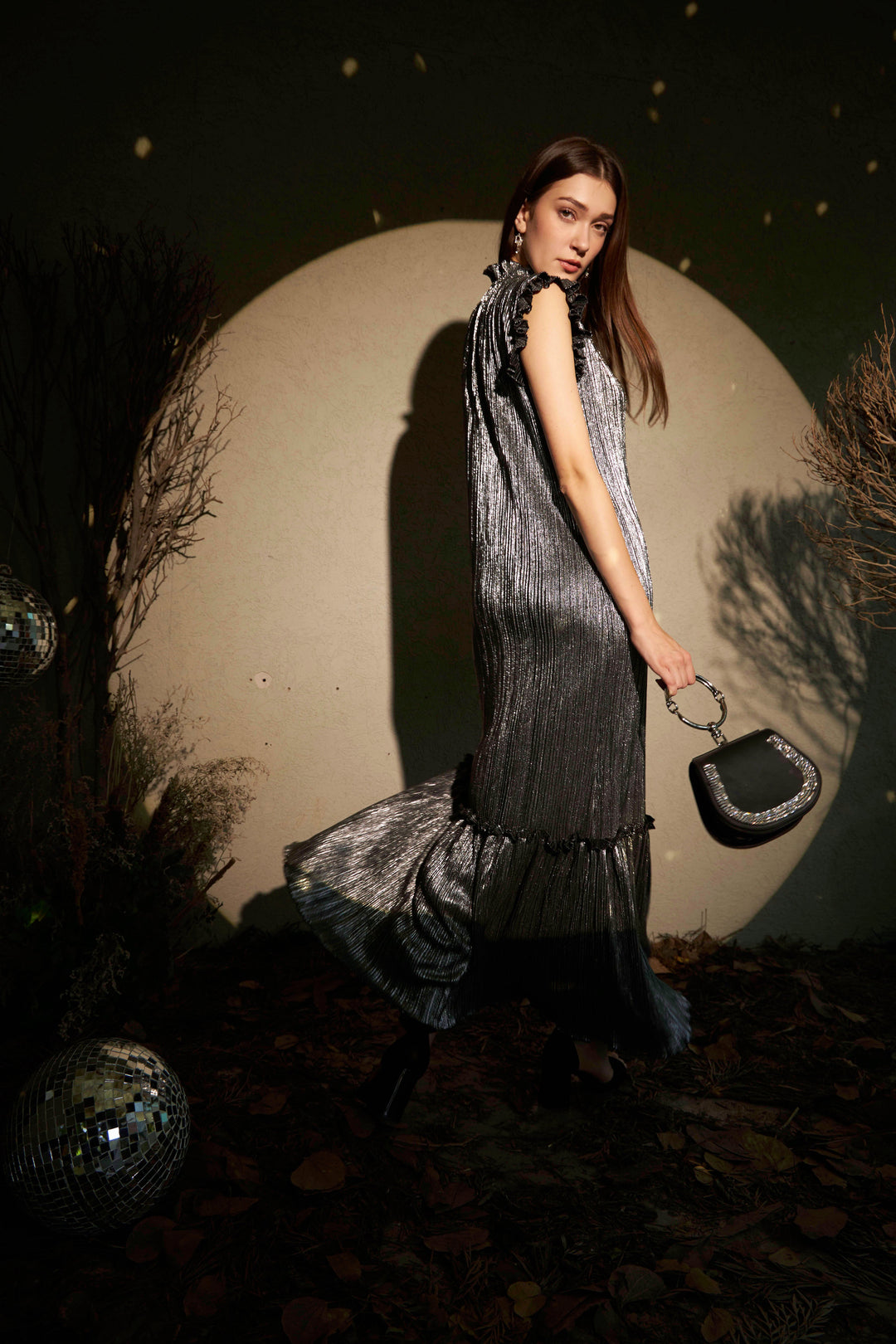 Lexus Ruffle High Neck Dress - Silver