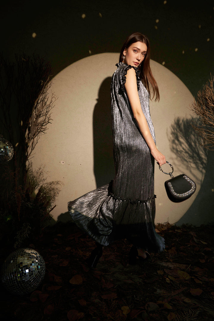Lexus Ruffle High Neck Dress - Silver