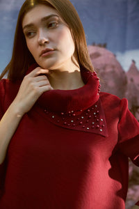 Turtle Neck Top with Pearl Embellishments maroon