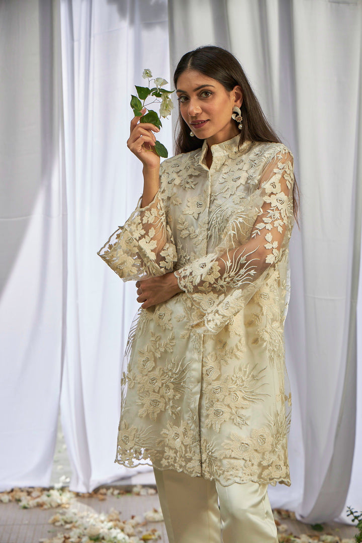 Fragrant Floral Pampered Peplum Tunic Co-ordinated with Straight Pants - Pearl