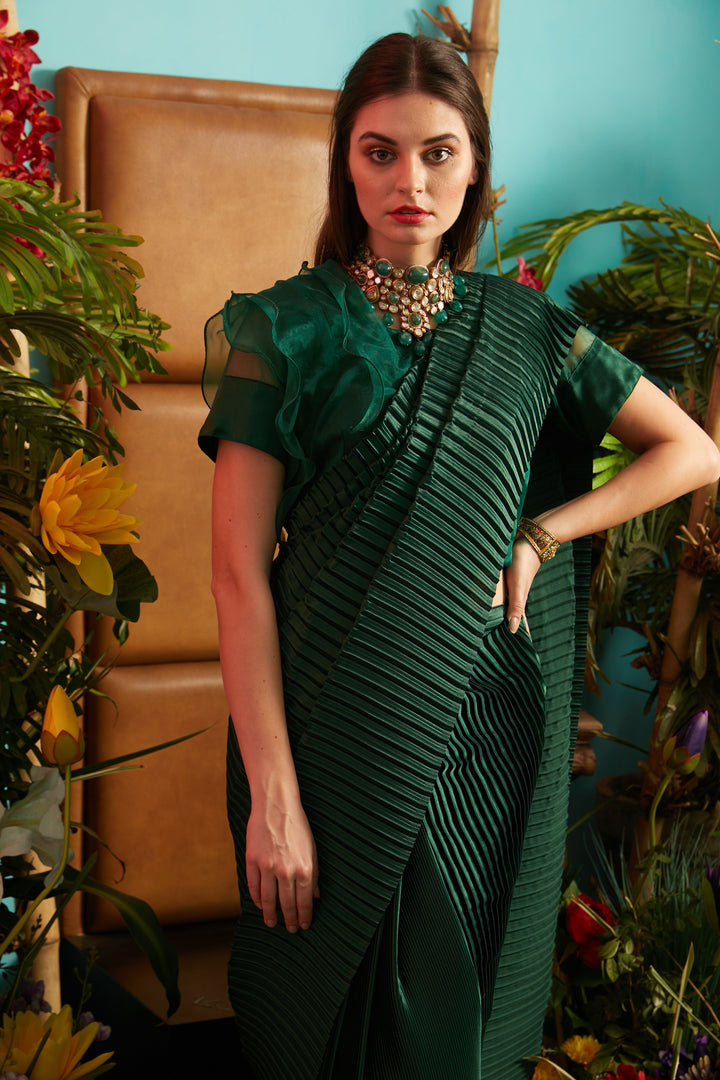 Scintillating Sewed Pleated Saree with Ruffle Blouse - Green