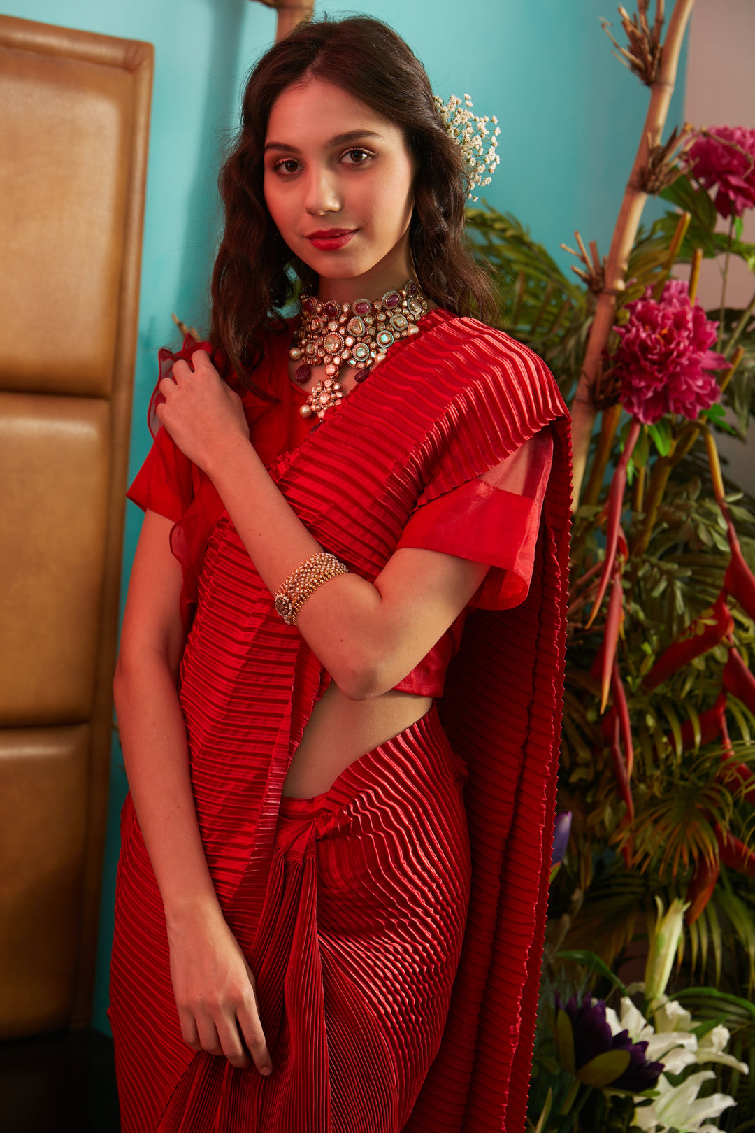 Scintillating Sewed Pleated Saree with Organza Ruffle Blouse - Red