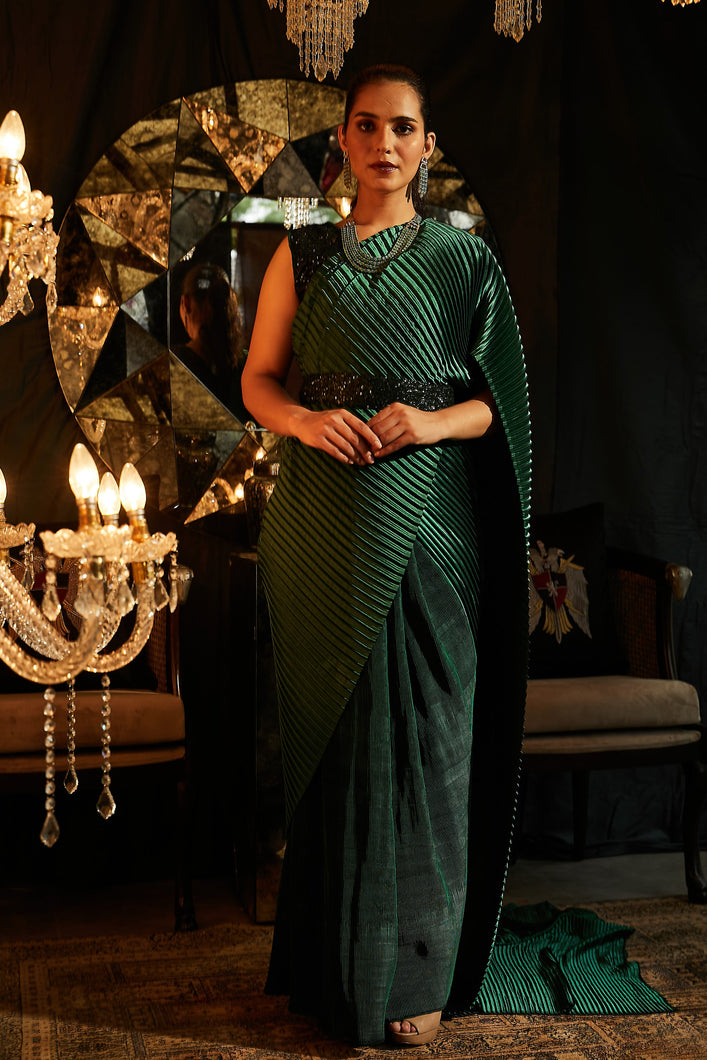 Bedazzling Sewed Pleated Saree with Sequence Blouse - Emerald Green