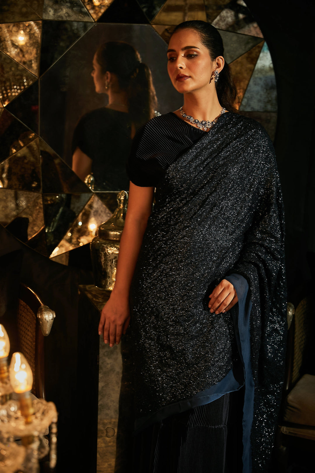 Bedazzling Sequence Classy Gown Saree with Belt - Midnight Blue