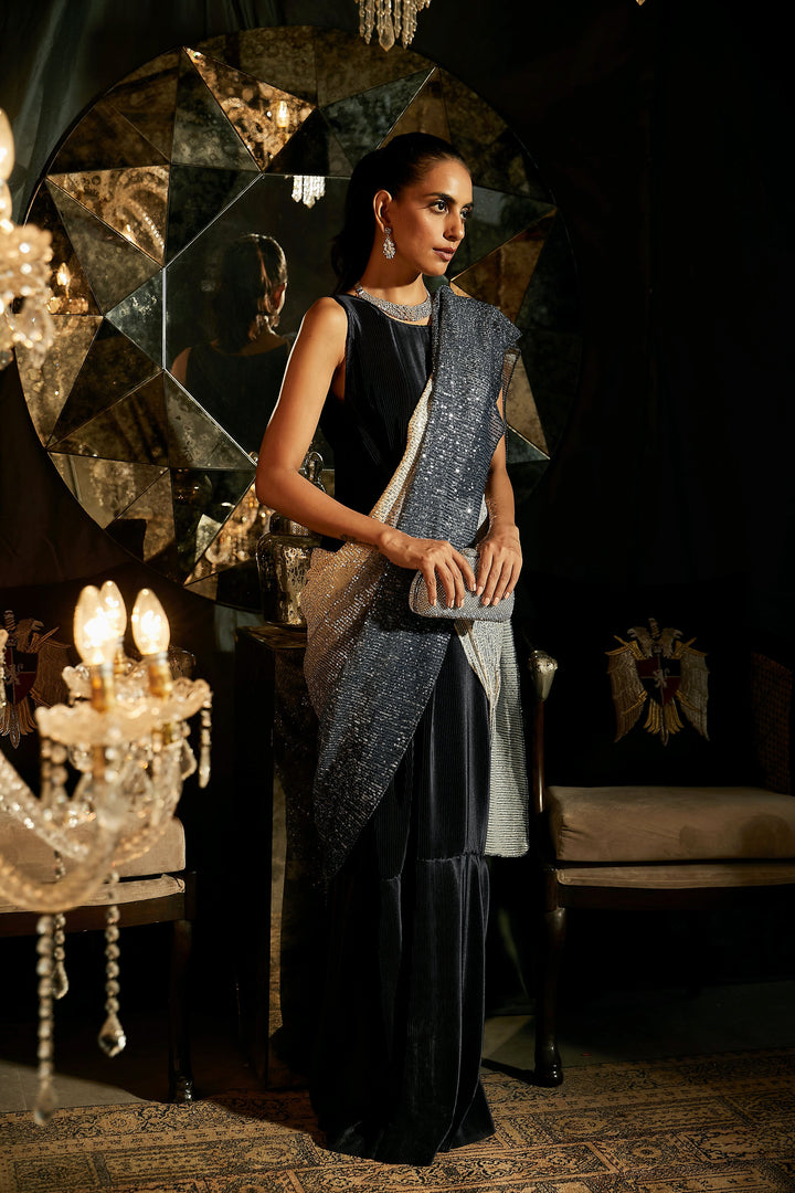 Bedazzling Handcrafted Ombre Sequence Classy Gown Saree -  Midnight Blue