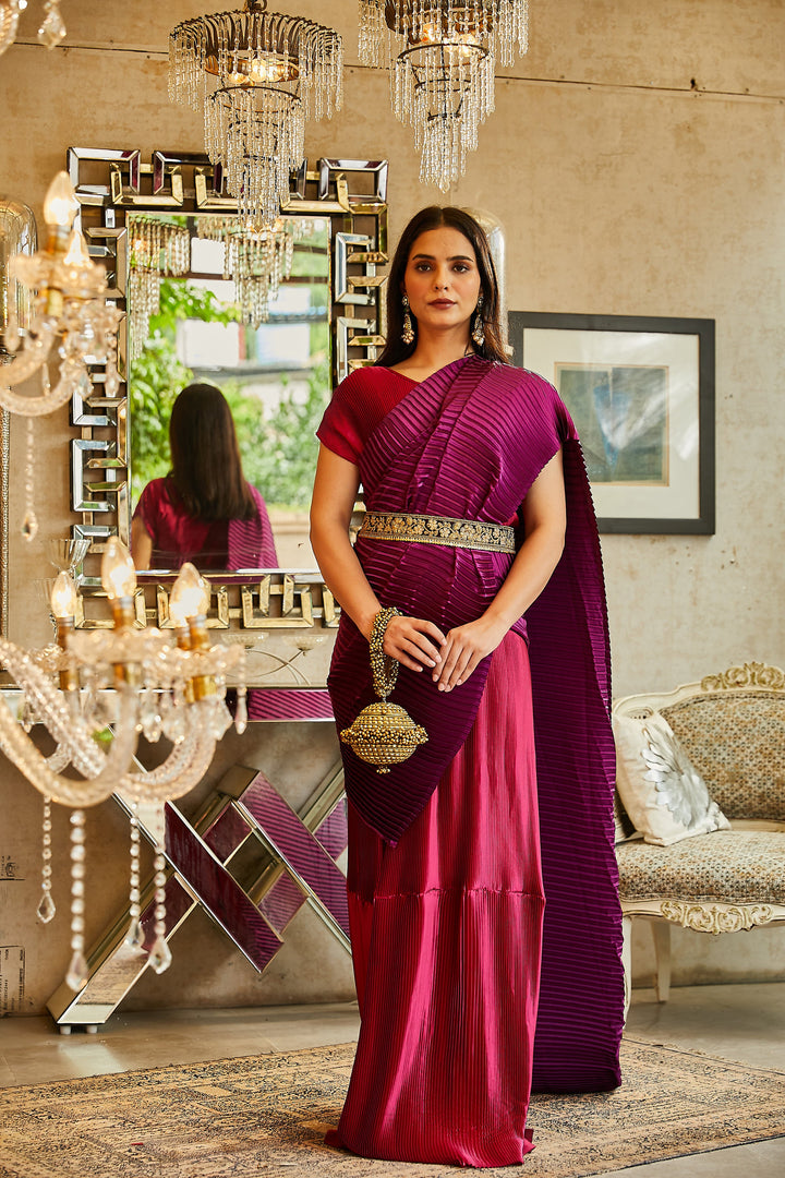 Classy Pleated Colourblock Gown Saree with Gold Cutwork Belt - Magenta & Purple