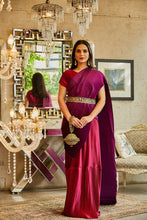 Load image into Gallery viewer, Classy Pleated Colourblock Gown Saree with Gold Cutwork Belt - Magenta &amp; Purple