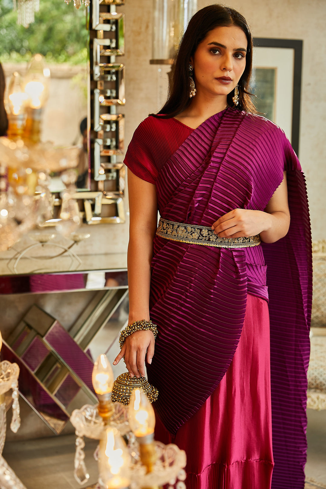 Classy Pleated Colourblock Gown Saree with Gold Cutwork Belt - Magenta & Purple