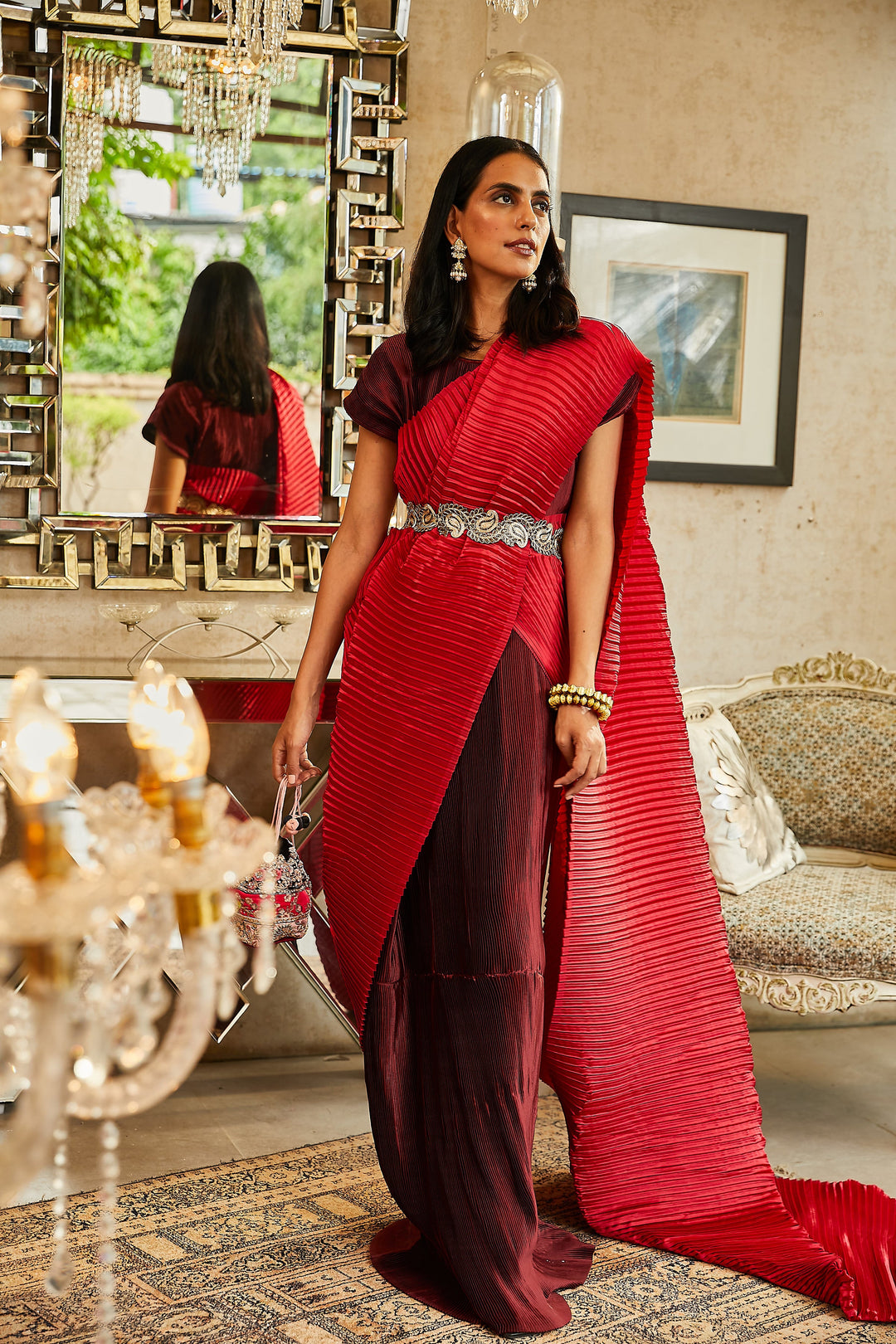 Classy Pleated Colourblock Gown Saree with Gold Cutwork Belt - Wine & Chilli Red