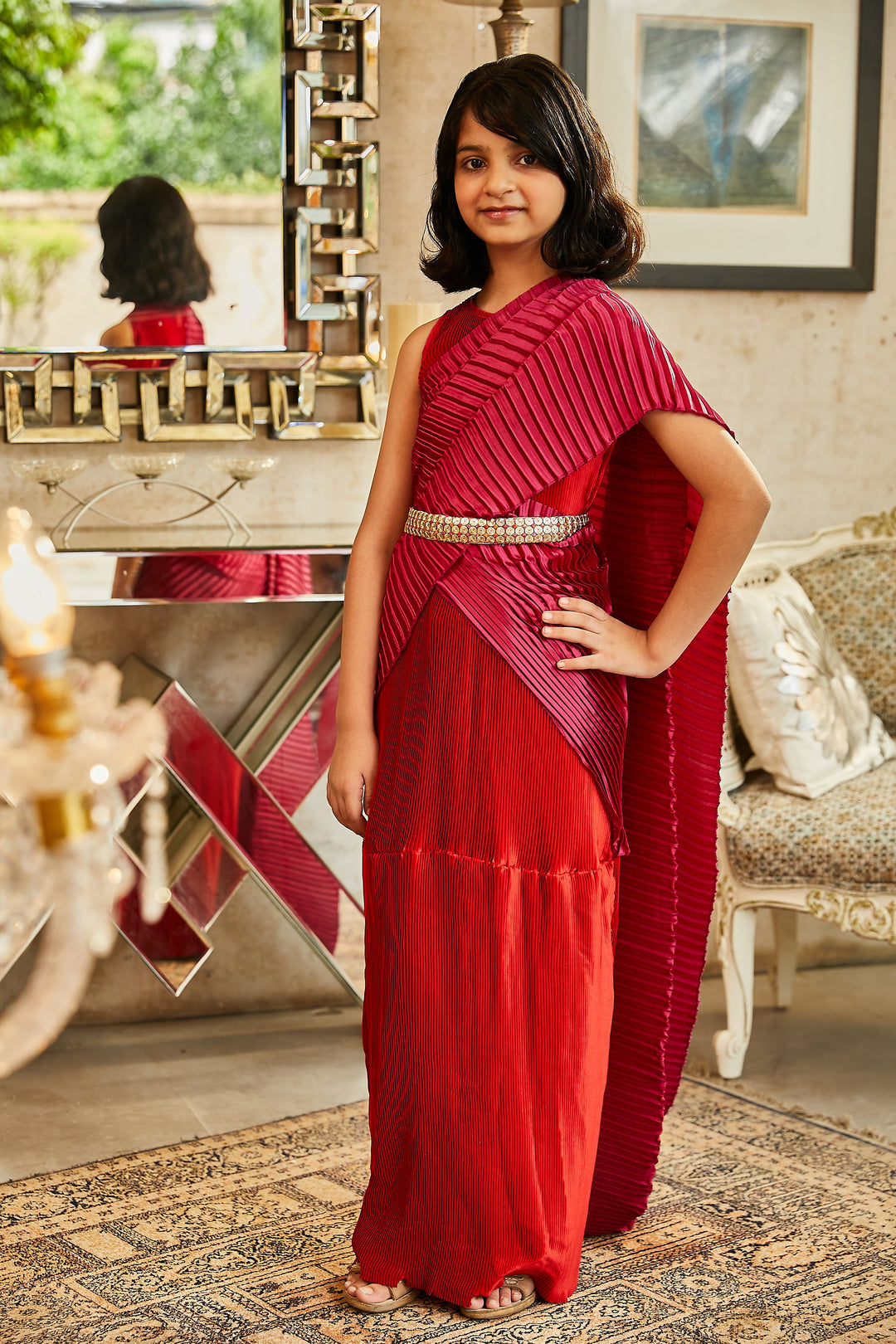 Classy Pleated Colourblock Gown Saree - Chilli Red & Magenta