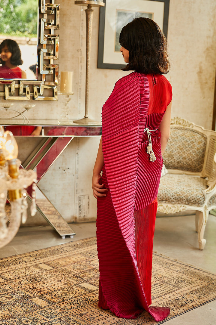 Classy Pleated Colourblock Gown Saree - Chilli Red & Magenta