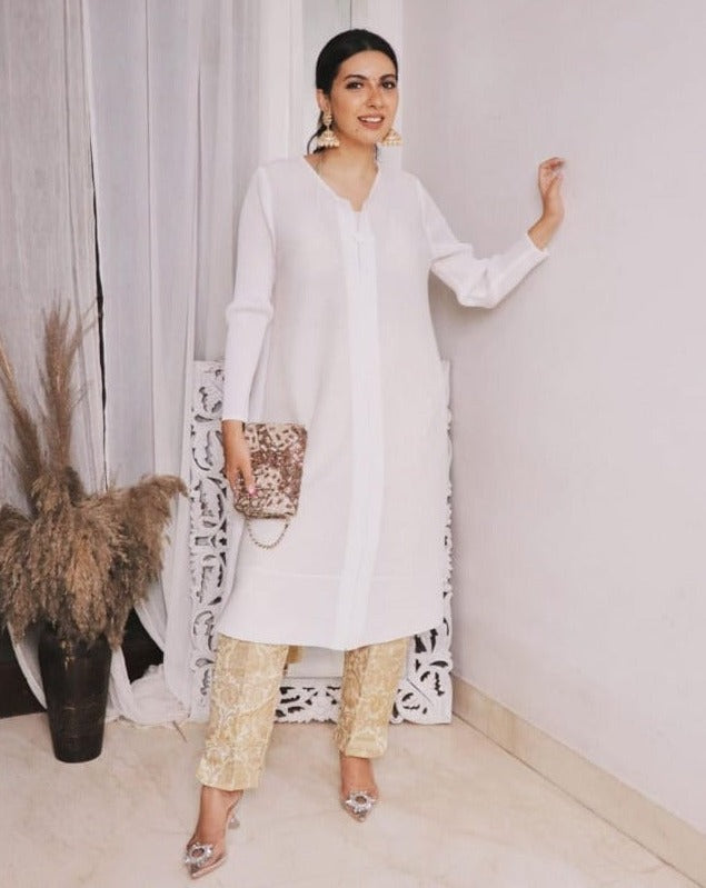 Niki Mehra in our Elegant Pleated Tunic Set - Ivory