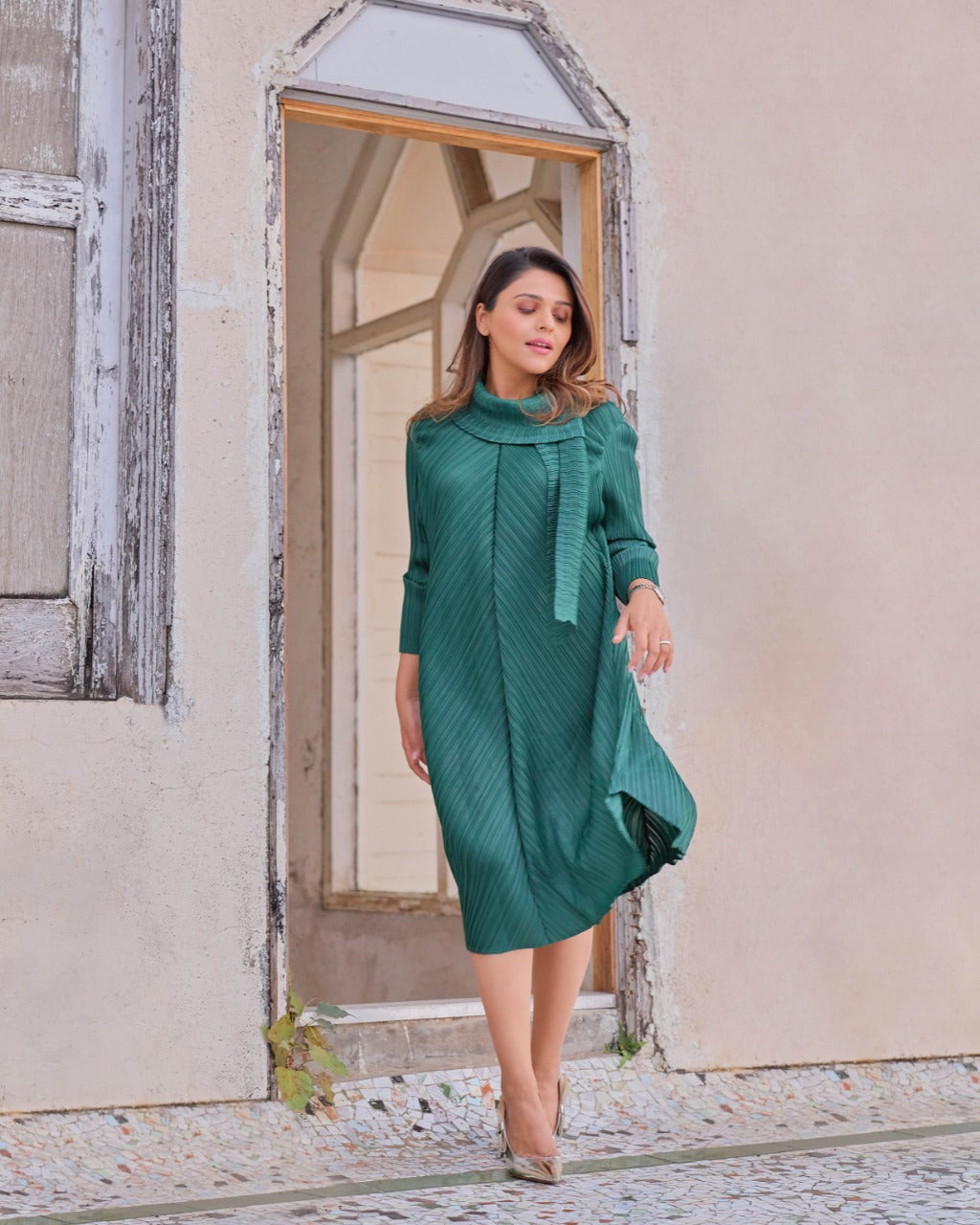 Tina Dhanak in our Serena Scarf Dress - Green
