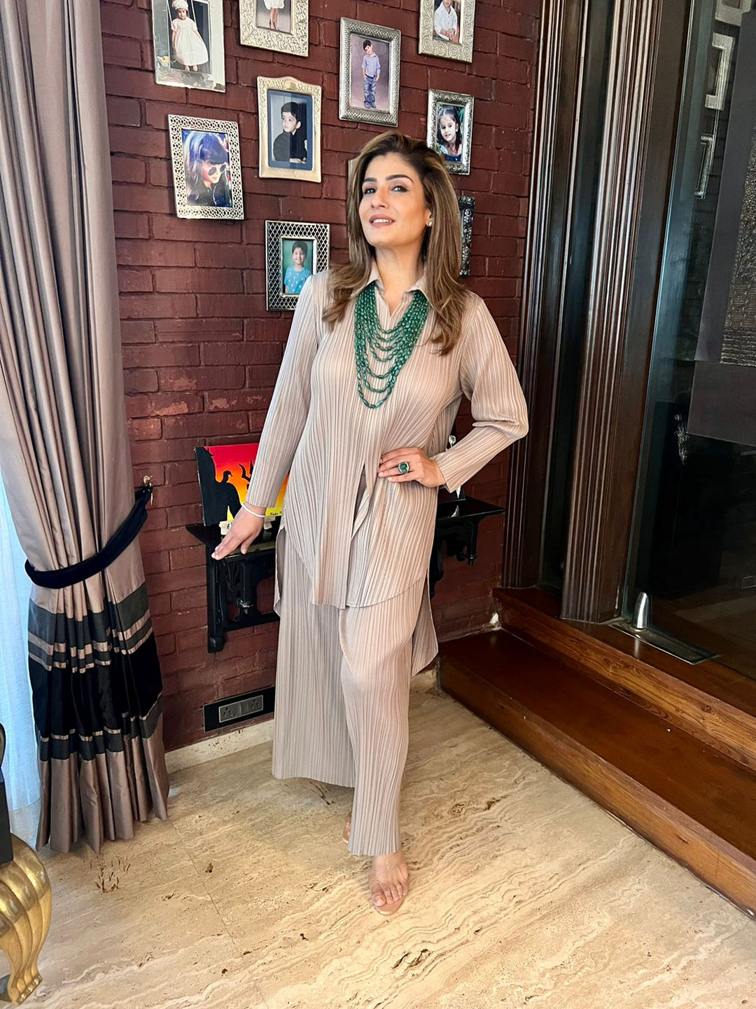 Raveena Tandon in our Naomi Pleated Co-ord set - Beige