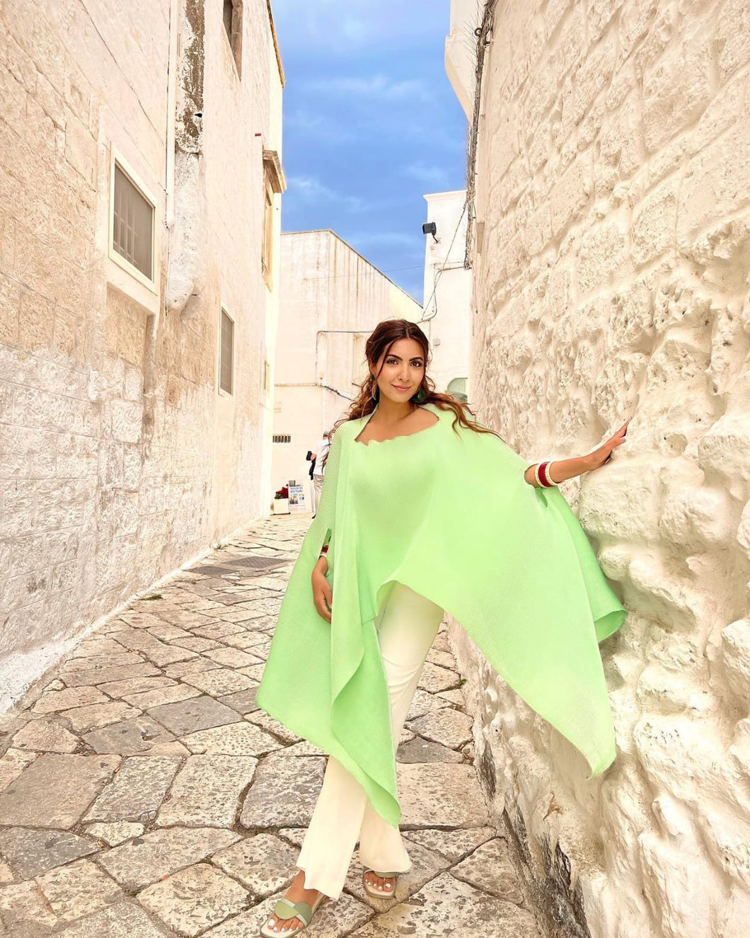 Niki Mehra  in our Mint Green Cape