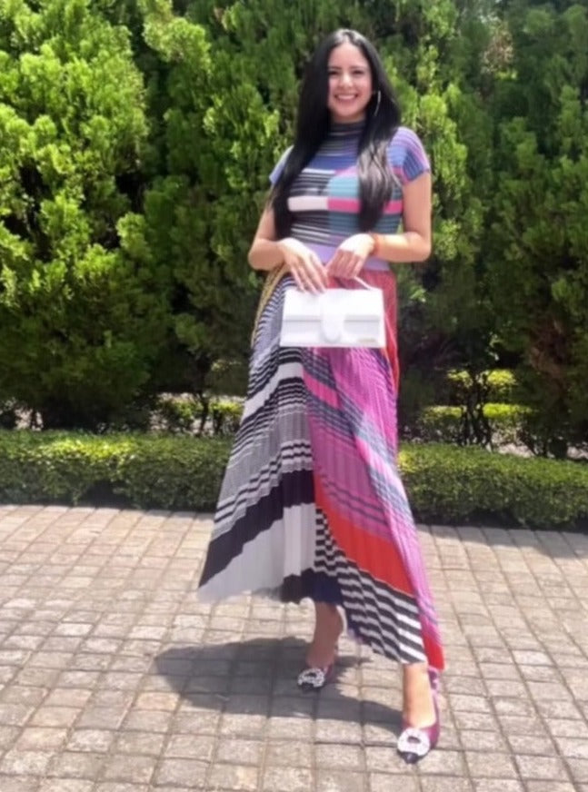 Samridhi Dhillon in our Aster Accordian Top With Printed Plisse Skirt - ColourBlock
