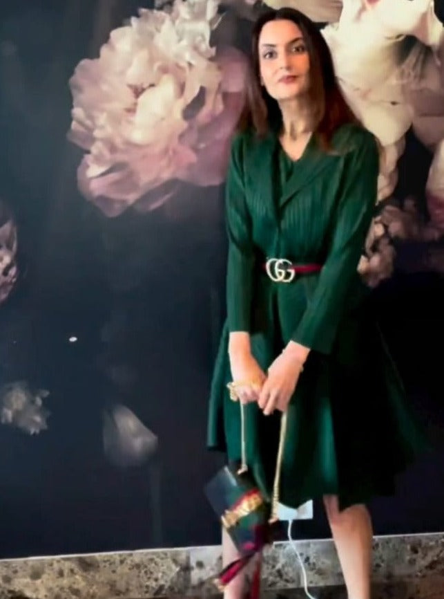 Dr. Dipti Dhillon in our Zouave Pleated Smoked Dress with Bolero Jacket - Green