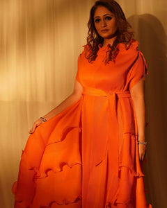 Reshmaa Ajbani in our Rianna Ruffle Tie Down Dress - Orange