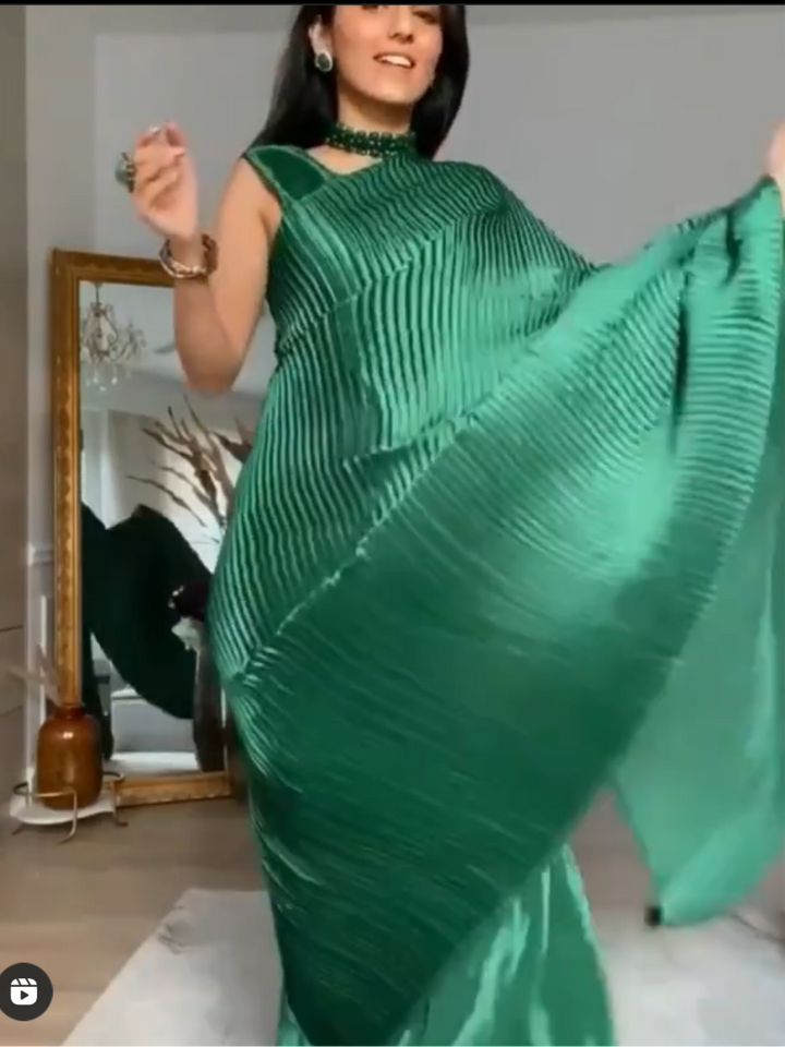 Classy Pleated Gown Saree - Emerald Green