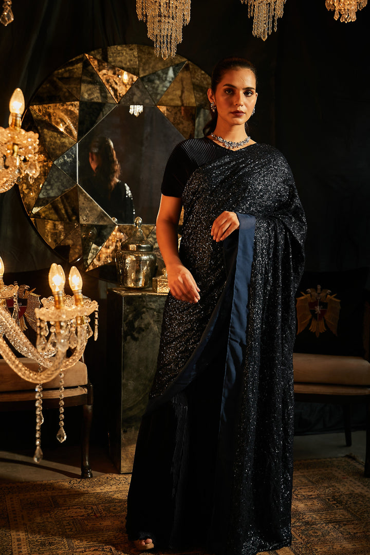 Bedazzling Sequence Classy Gown Saree with Belt - Midnight Blue